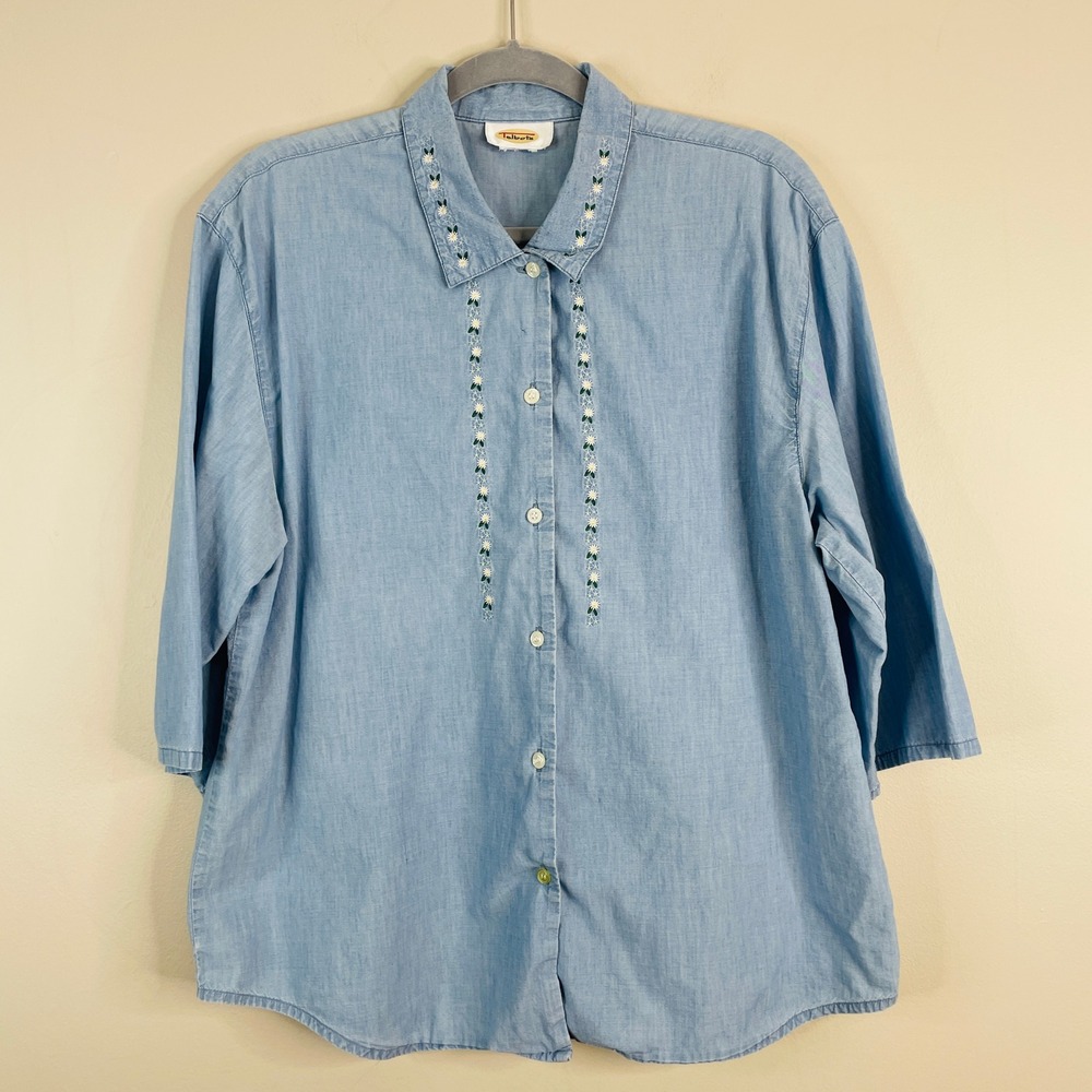 Vintage Talbots Embroidered Chambray Top Xlarge Button Up Cottage 3/4 Sleeve